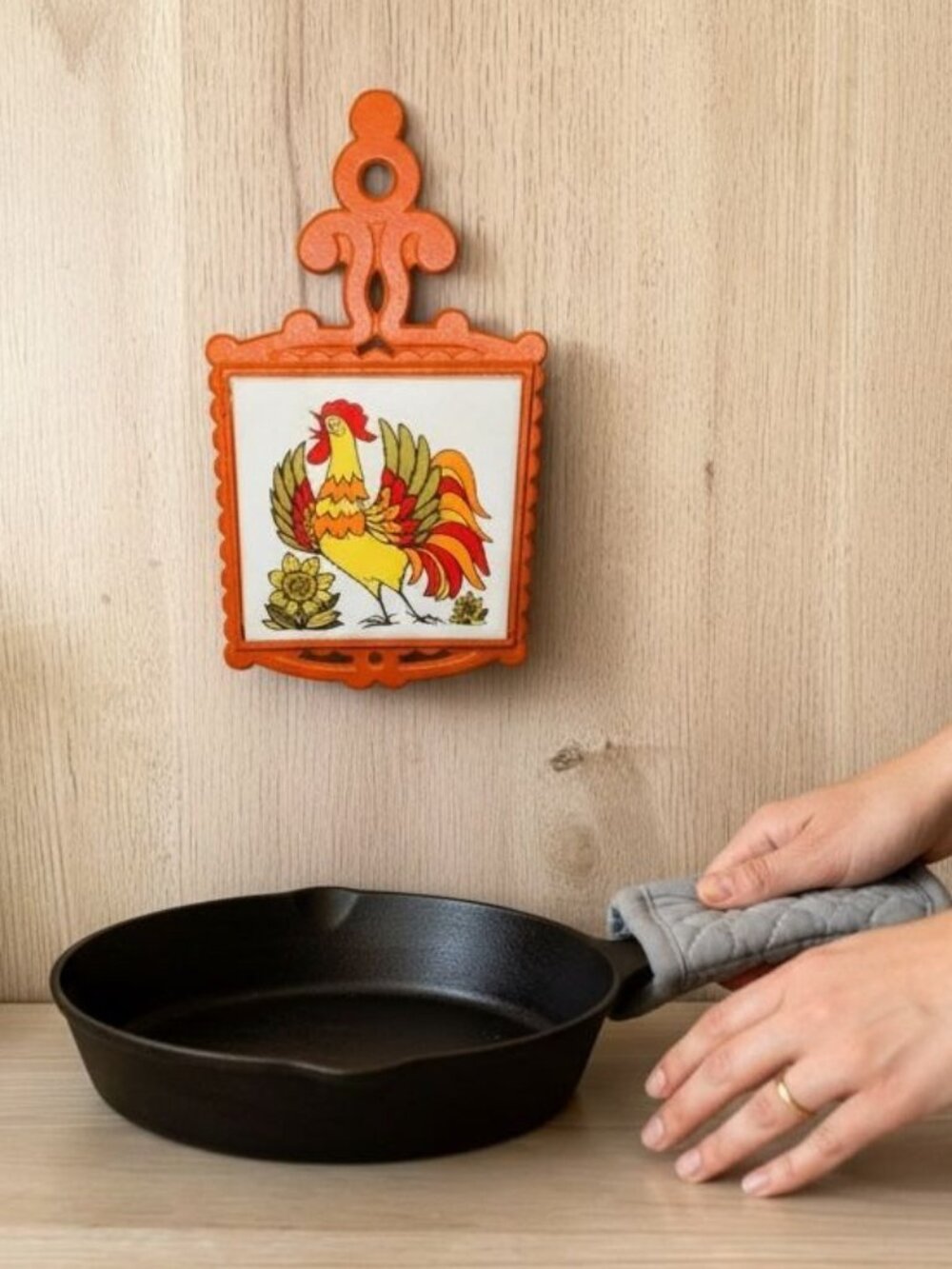 Vintage Cherry Cast Iron Trivet With Rooster Design - Ornate Orange Frame